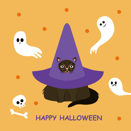 Halloween Cat Costume Party. Funny halloween cat in witch hat with ghosts vector illustration for card or invitation design.のイラスト素材
