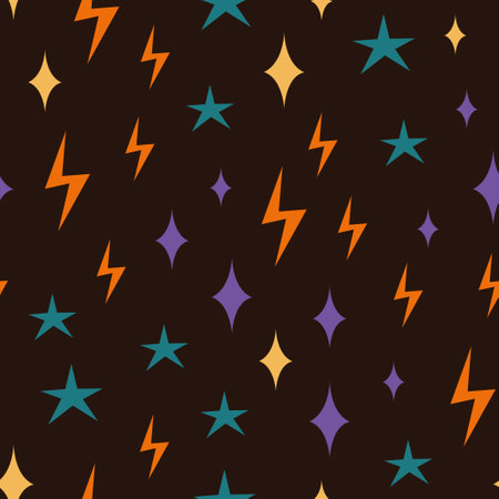 Yellow lightning and purple stars vector seamless pattern. Background with flat bright stars on dark background.のイラスト素材