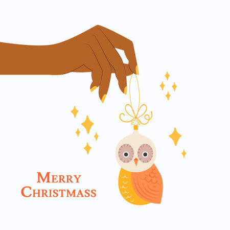 Woman hand with owl New Year toy and manicure. Christmas toy vector illustration.のイラスト素材