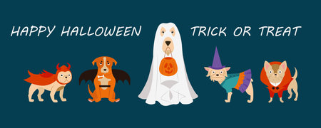 Cute Dogs of Different Breeds in Halloween costume set. Funny Pets Animals Dressed for carnival part. Holiday celebration cartoon style vector Illustration.のイラスト素材