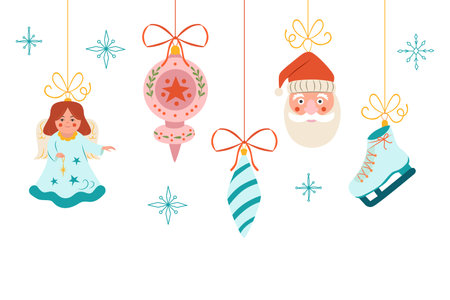 Christmas background with decorative toys. Christmas ornaments hanging down elegantly. Holiday decor, card, poster, invitation, announcement.のイラスト素材