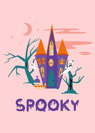 Halloween cute vector illustration with spooky lettering. Haunted house and spooky trees, ghosts and moon for card design.のイラスト素材