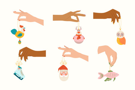Christmas vector card with hands and winter festive decorations. flatlay illustrations. Happy new year background.のイラスト素材