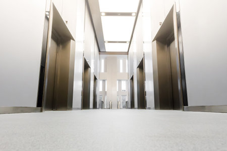 modern steel elevator cabins in a business lobby or Hotel, Store, interior, office,perspective wide...