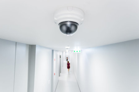 CCTV or surveillance operating in walkway office building blur background,  women walking.