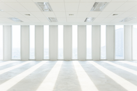 empty room and cityscape of modern city from window, Large Hall, Store, interior,Lab, perspective wide angle.の写真素材