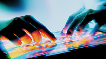 Close-up of hands using a digital tablet with colorful light effectsの素材