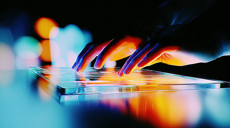Close-up of human hands using tablet pc at table in dark roomの素材