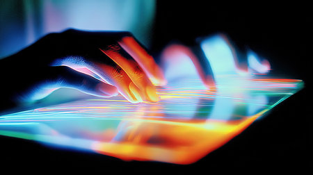 Closeup image of human hand using tablet computer with colorful light effectsの素材