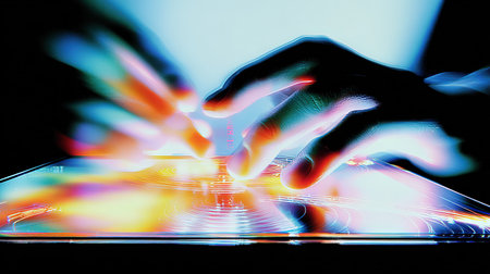 DJ playing music on turntable with colorful light effects, close upの素材