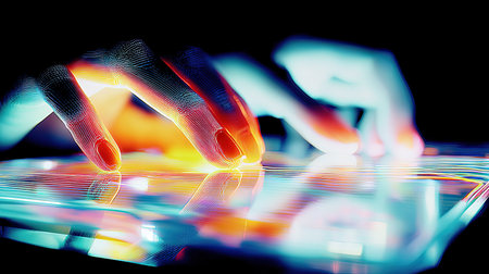 Close-up of human hands playing on a digital tablet with colorful lightsの素材