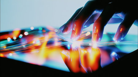Close-up of human hand using digital tablet with blue and red lightの素材