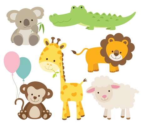 Vector illustration of cute animal set including koala, crocodile, giraffe, monkey, lion, and sheep のイラスト素材