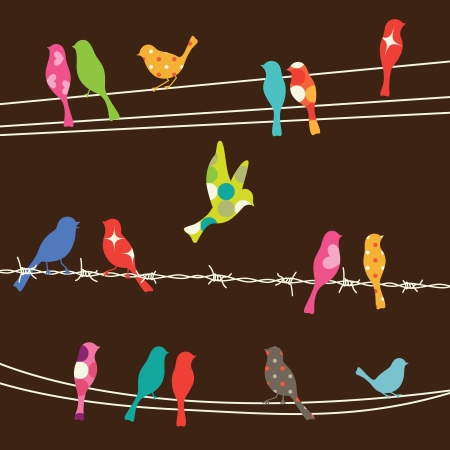 illustration of colorful birds on wires のイラスト素材