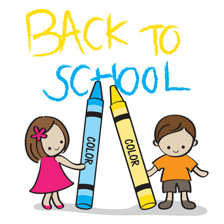 Vector illustration of two kids holding crayons with the  Back to School  text on the background のイラスト素材