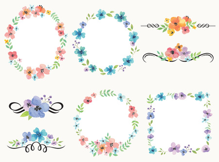 Vector illustration of flower wreath frame and decoration set.のイラスト素材