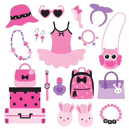 Vector illustration of little girl fashion accessories including handbags, hat, sunglasses, necklace, bracelet, backpack, slippers.のイラスト素材