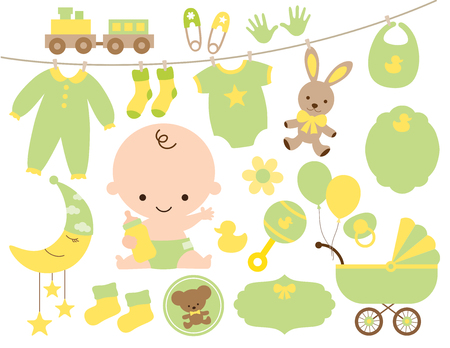 Cute baby and baby items in green and yellow vector illustration set.のイラスト素材