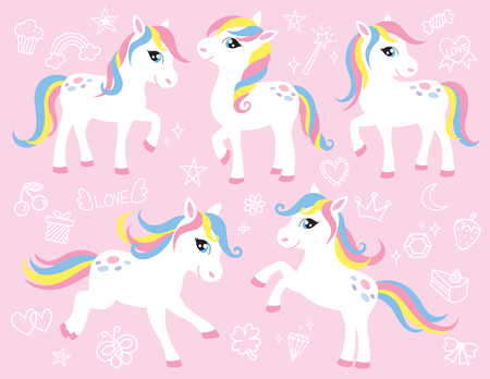 Cute white little pony or horse vector illustration set with cute graphic elements such as rainbow, star, moon, cupcake, crown, diamond, etc.のイラスト素材