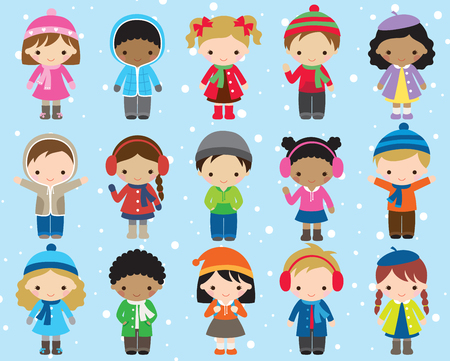 Cute kids children in winter dress vector illustration. Boy and girl in colorful winter outfit.のイラスト素材