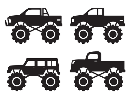 Vector illustration of monster pick up truck silhouette set.のイラスト素材