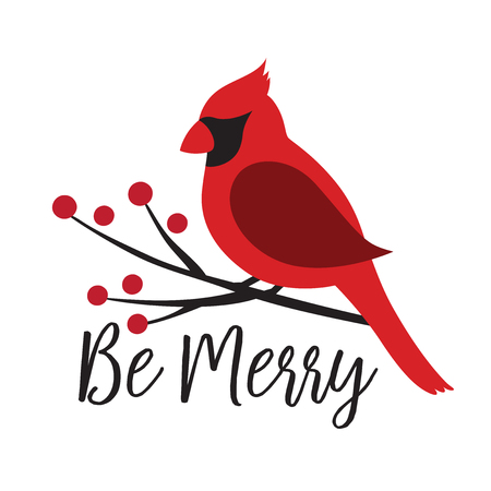 Red Cardinal bird on a winterberry branch vector illustration. Christmas Winter bird on a tree graphic.のイラスト素材