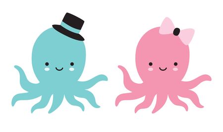 Cute baby boy and girl octopus vector illustration.のイラスト素材