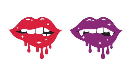 Vector illustration of glossy dripping red lips. Vampire lips with teeth and fangs.のイラスト素材