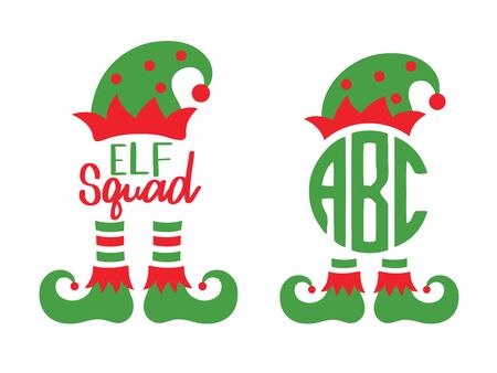 Cute elf squad monogram frame vector illustration. Christmas elf hat and boots.のイラスト素材