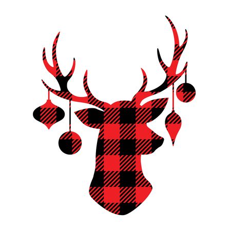 Reindeer with Christmas ornaments hanging from the antlers. Christmas buffalo plaid reindeer vector illustration.のイラスト素材