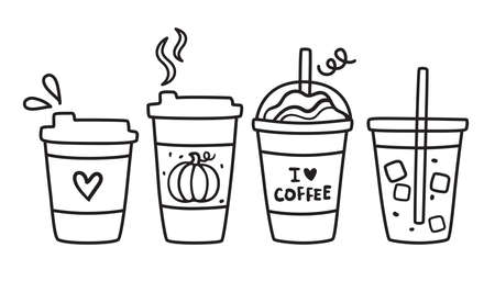 Cute vector illustration of hot and iced coffee to go cup doodle.のイラスト素材
