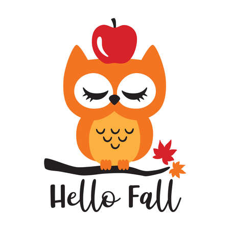 Vector illustration of a cute baby owl with Apple on a maple branch.のイラスト素材