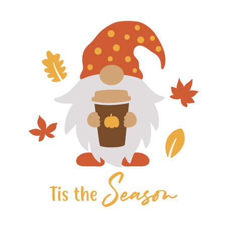 Vector illustration of a cute gnome holding a pumpkin spice latte coffee cup in fall.のイラスト素材