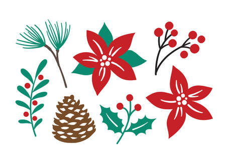 Vector illustration of decorative Christmas foliage plants including poinsettia, pine, berry branch, holly berries, and pinecone.のイラスト素材