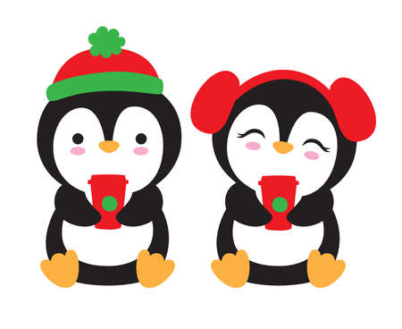 Cute Christmas penguins with hat and earmuffs holding holiday to go coffee drinks vector illustration.のイラスト素材