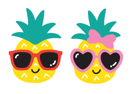 Vector illustration of cute boy and girl summer pineapple with heart shaped sunglasses.のイラスト素材