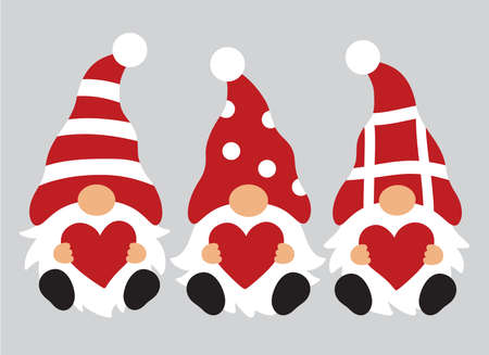 Three Valentineâs day gnomes with polka dot and stripes hats holding hearts vector illustration.のイラスト素材