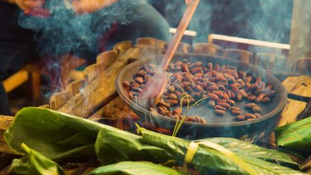 Detail Shot Of Handmade Roasting Of Cocoa Beans In Ecuadorの写真素材
