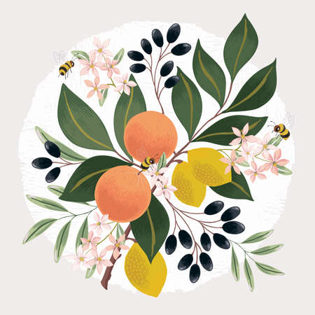Vector illustration of a beautiful floral bouquet with fruits for Wedding, anniversary, birthday and party. Design for invitation card, picture frame, poster, scrapbookのイラスト素材