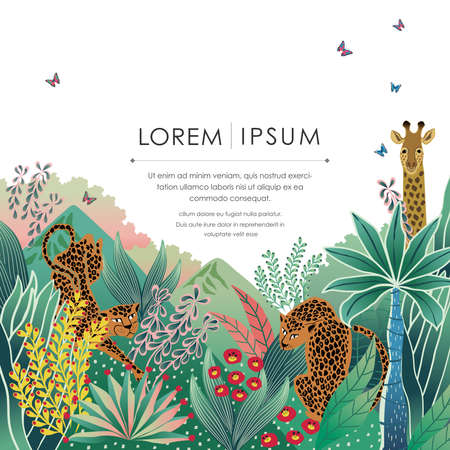 Vector illustration of Exotic Jungle with tropical flowers and animals. Design for banner, poster, card, invitation and scrapbookのイラスト素材