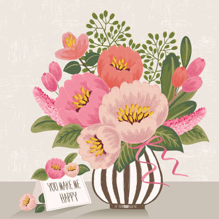 Vector illustration of flowers in a vase. Design for Wedding, anniversary, birthday and party invitationのイラスト素材