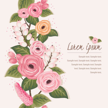 Vector illustration of a beautiful floral border with spring flowers. Beige backgroundのイラスト素材