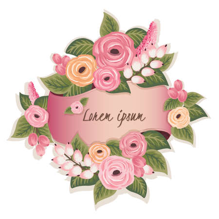 Vector illustration of a beautiful floral frame with a ribbon. Beige backgroundのイラスト素材