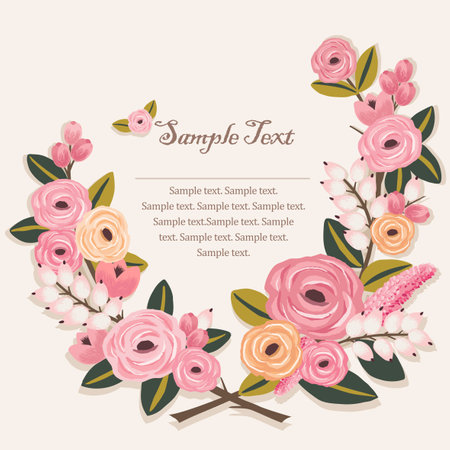 Vector illustration of a beautiful floral border with branches. Beige background.のイラスト素材