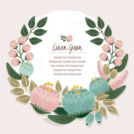 Vector illustration of a beautiful floral frame with spring flowers. Beige backgroundのイラスト素材
