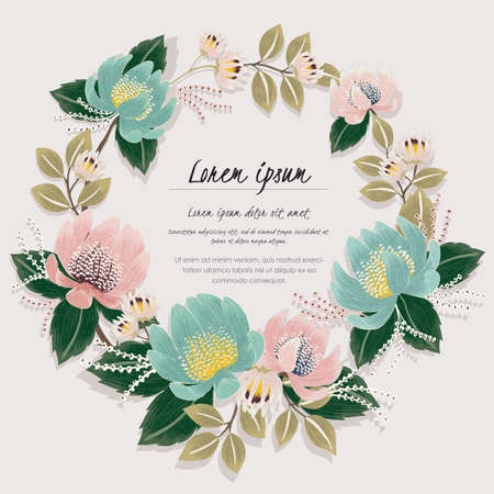 Vector illustration of a beautiful floral wreath with spring flowers. Light pink and mint flowers.のイラスト素材