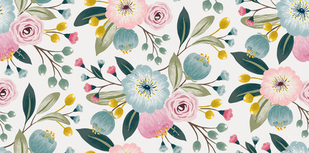 Vector illustration of a seamless floral pattern with spring flowers. Lovely floral background in sweet colorsのイラスト素材