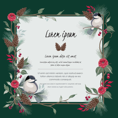 Vector illustration of a beautiful floral border in winter for Happy New Year and Merry Christmas cards. A beautiful hand drawn illustration with a cute bird on a branch.のイラスト素材