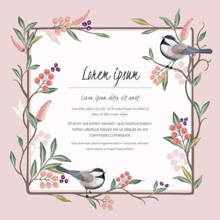 Vector illustration of a floral frame with a cute bird on a branch in spring for A Happy New Year, Merry Christmas, Wedding, anniversary, birthday and party. Design for banner, poster, invitationのイラスト素材