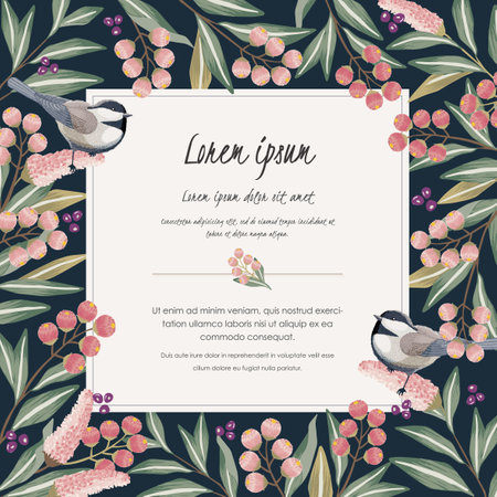 Vector illustration with a cute bird on a floral branch in spring for Wedding, anniversary, birthday and party. Design for banner, poster, card, invitation and scrapbookのイラスト素材